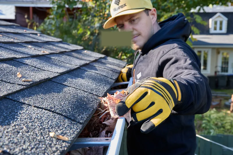 Gutter cleaning — clearing autumn leaves from a residential gutter